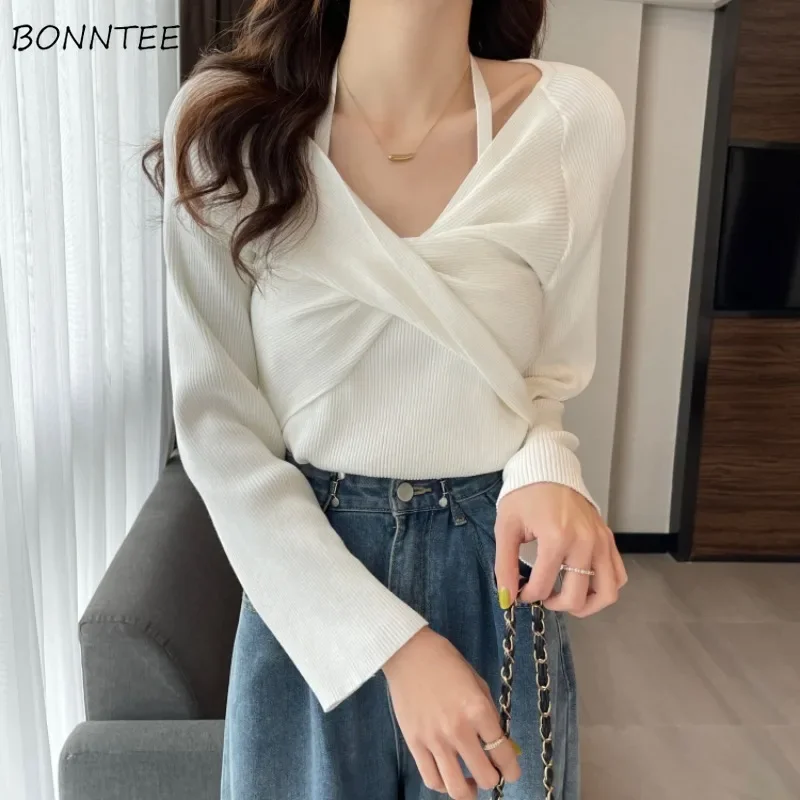 V-neck Pullovers Fake 2 Pieces Design Spring Autumn Slim Casual Knitwear Tops Slouchy All-match Tender Temper Sweater Fashion