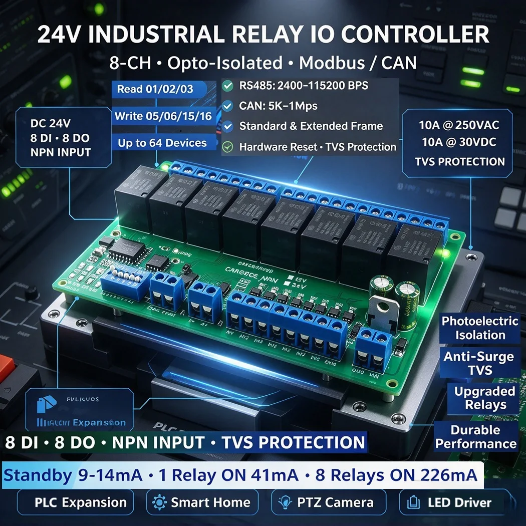 4/8/16CH Opto Isolated Relay Module Modbus RTU RS485 CAN Bus DC12V 24V PLC IO Expansion Board