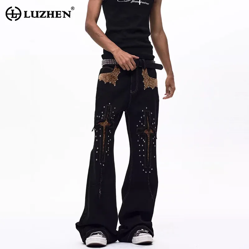 LUZHEN 2026 New Original Rivet Metal Decorate Leopard Print Patchwork Patched Wide Leg Casual Pants Men Fashion Trousers JY6350