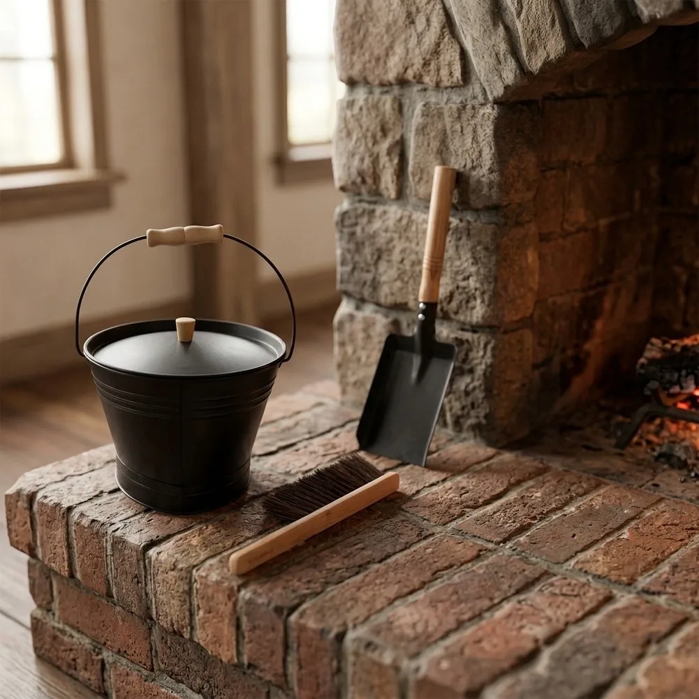 Galvanized Iron Bucket Black Fireplace Ash Bucket Rust Resistant Material Sturdy Wood Handle Indoor Outdoor Use