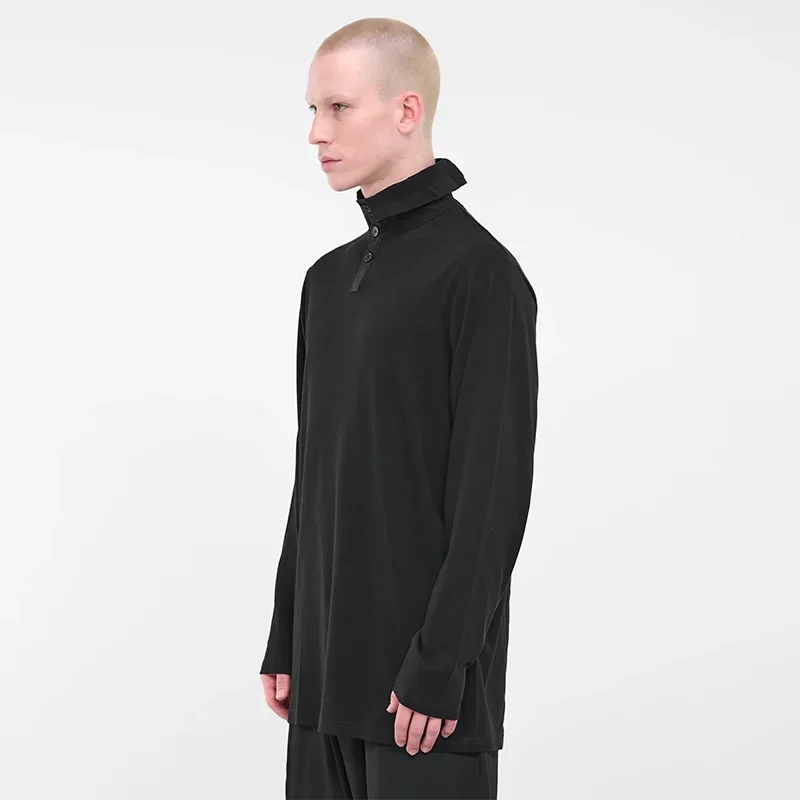 YOJI OOAK التصميم الأصلي الوقوف طوق أسود طويل الأكمام قميص بولو طية صدر السترة بلوزة كاجوال زر تي شيرت للرجال #2