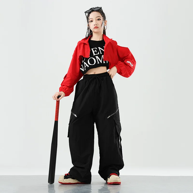 Conjuntos de ropa de baile de Jazz para niñas, trajes de Hip Hop, Tops cortos rojos Kpop, pantalones negros, ropa de calle moderna, ropa para actuación en escenario de grupo