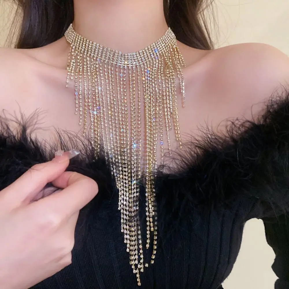 

Sparkling Long Tassel Necklace Geometric Neckchain Full Rhinestone Necklace Korean Style Jewelry Accessories Clavicle Chain