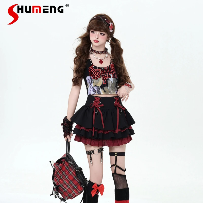 

Original Y2k Sweet Cool Black and Red Skirt Women's High Waist Subculture Straps Fluffy Cake Short Skirts Spring and Autumn