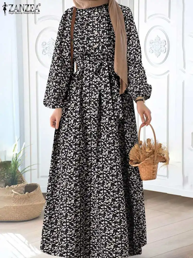 ZANZEA Fashion Long Sleeve Printed Floral Vestidos Women Muslim Dress Bohemian Holiday Robe Dubai Turkey Abaya Kaftan IsIamic