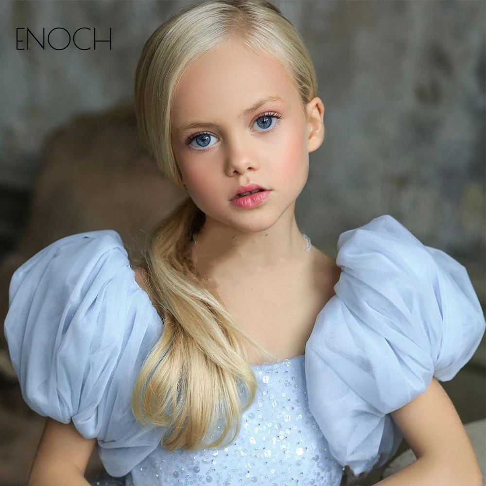 ENOCH Exquisite Flower Girl Dresses New Puff Short Sleeves Scoop Neck Knee Length Sequined Zipper Back Wedding Party Ball Gowns