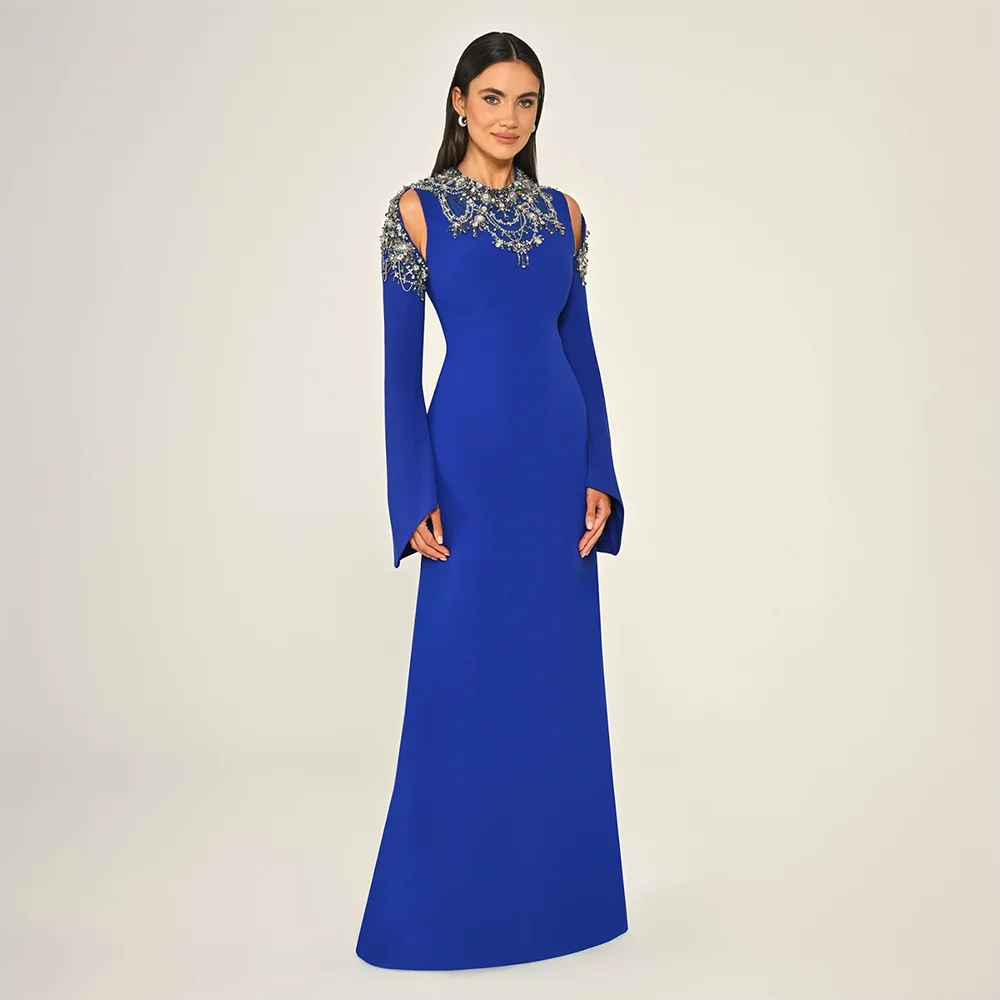 Crystal Beadings O-Neck Evneing Dress Customized Long Sleeves Black Jersey Floor Length Party Gown Saudi Arab Formal Dresses