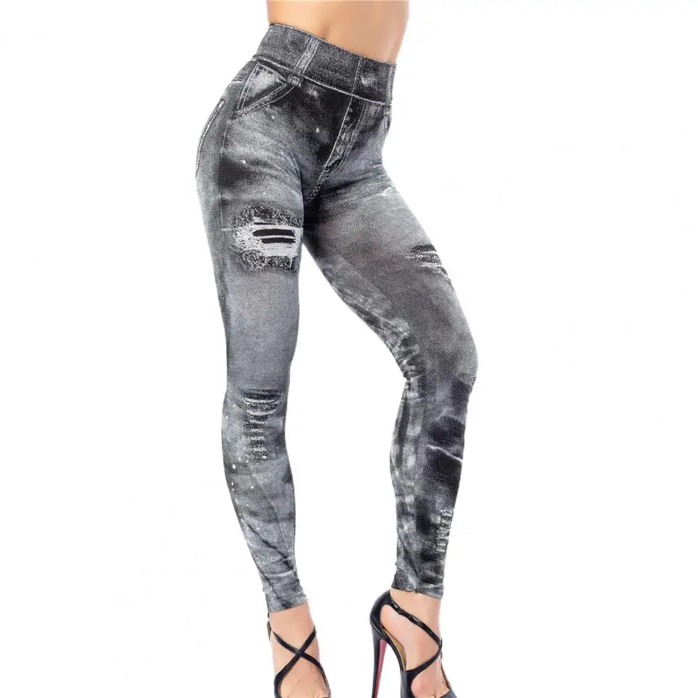 Women Long Pants Multi Pockets Skinny Imitation Jeans Leggings Hip Lifting Ripped Holes Print Mid Waist Elastic Pants