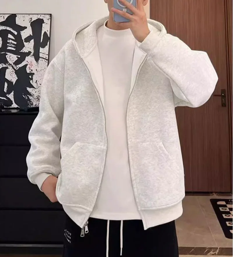 Cotton Solid Color Hooded Sweatshirt Autumn American Double Zipper Cardigan Gray Men\'s and Women\'s Loose Simple Daily Hoodies