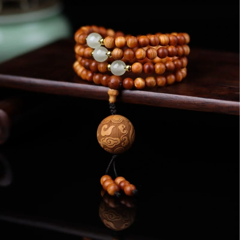 Taihang Thuja Sutchuenensis Handheld Made of Mature Material Bracelet with Night Moonlight Stone Carving Auspicious Cloud Buddha