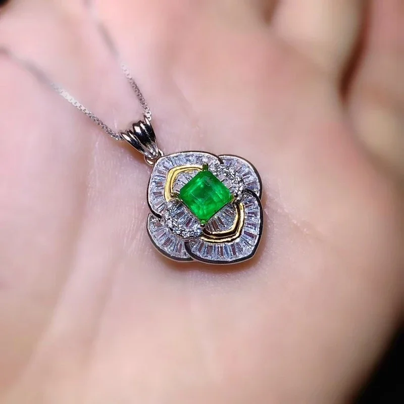 Wedding Natural Emerald Pendant 5mm*5mm Strap Necklace Solid 925 Silver Emerald Jewelry