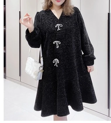 Große Größe Weiblichen Frühling Herbst Spleißen Rüschen Elegante V-ausschnitt A-linie Fee Kleid Süße Lose Langarm Schwarz Freizeit Kleider