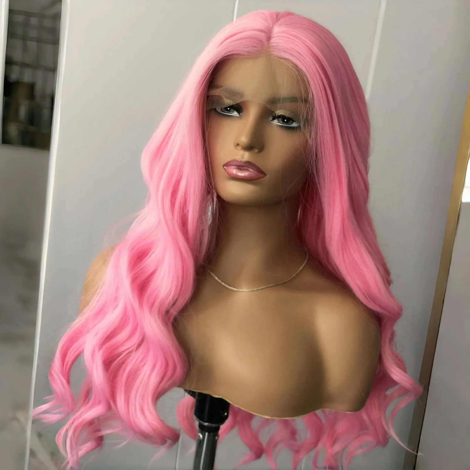 Pink Wig Deep Wave Synthetic Lace Front Wig Long Wavy Light Pink Wig Glueless Hair Lace Frontal Wigs for Women Party Cosplay