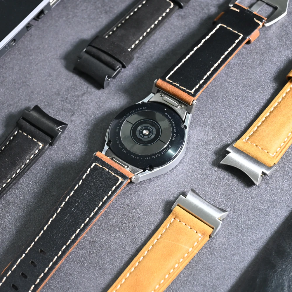 حزام جلد طبيعي لساعة سامسونج جالاكسي ، كويك فيت ، حزام كلاسيكي ، لا فجوات ، 6 ، 5 ، 4 ، 6 ، 5 برو ، 40 مللي متر ، 44 مللي متر ، 45 مللي متر ، 43 مللي متر ، 47 مللي متر