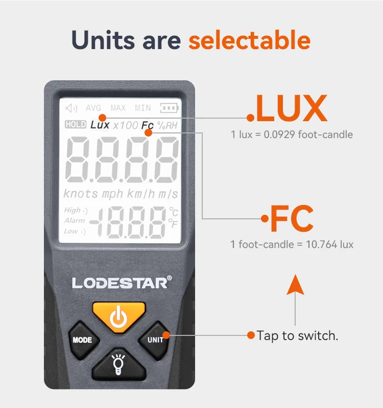LODESTAR LD383 Light Meter Digital Illuminance Meter Handheld Ambient Temperature Measurer with Range up to 200,000 Lux Luxmeter