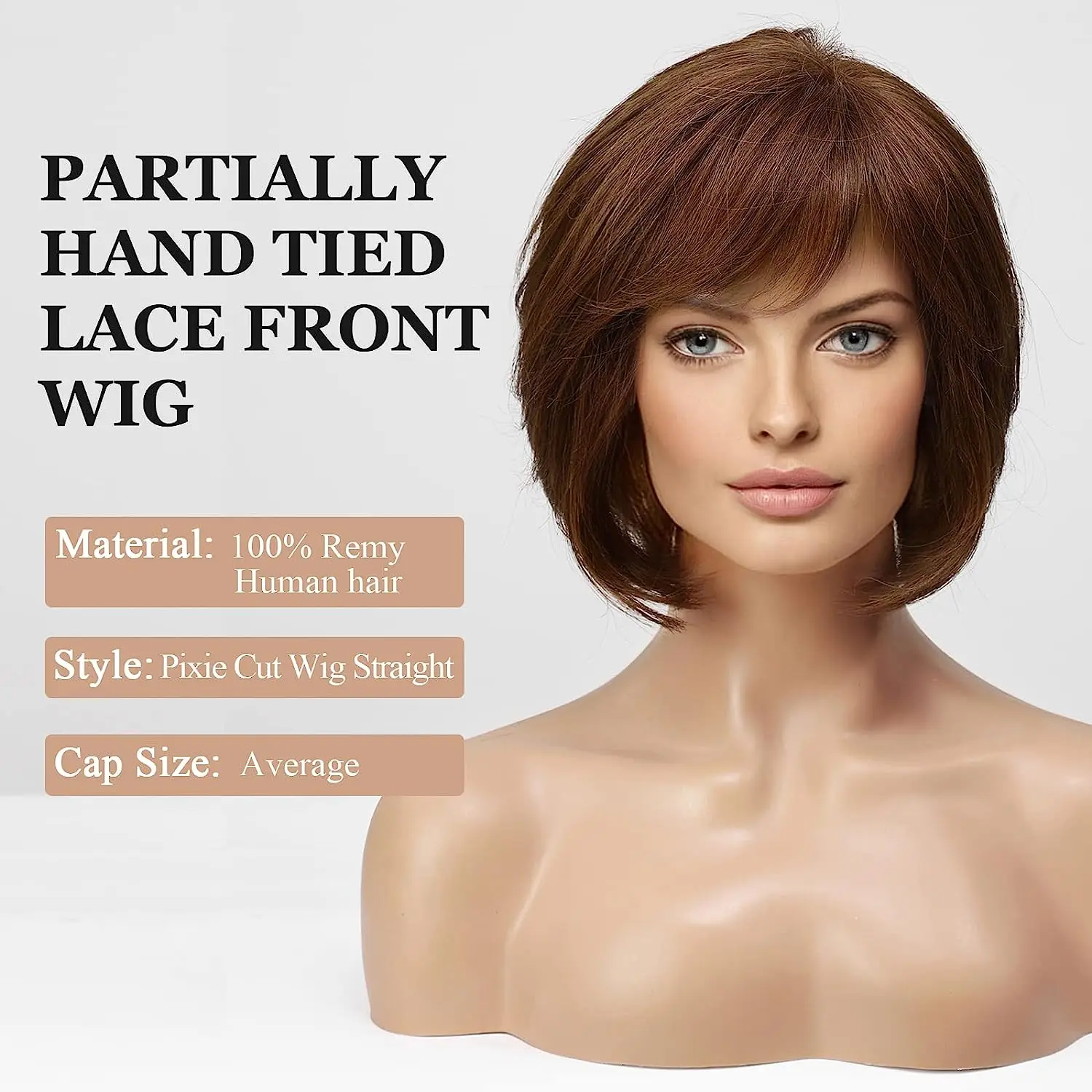 Lace Front Human Hair Wigs Short Straight Brown Bob Wigs with Bang for Black Afro Women Pixie Cut Layered Wig Glueless Remy Hair