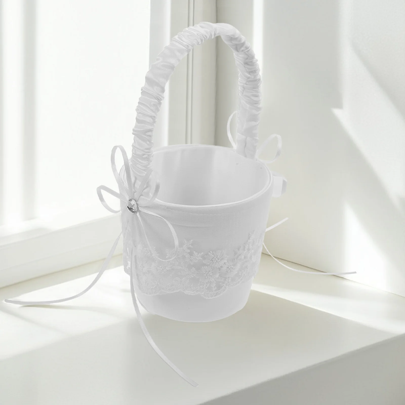 

Children Lace Flower Basket White Satin Wedding Supplies Lightweight Kids Handbasket Practical Occasions Safe Material Elegant