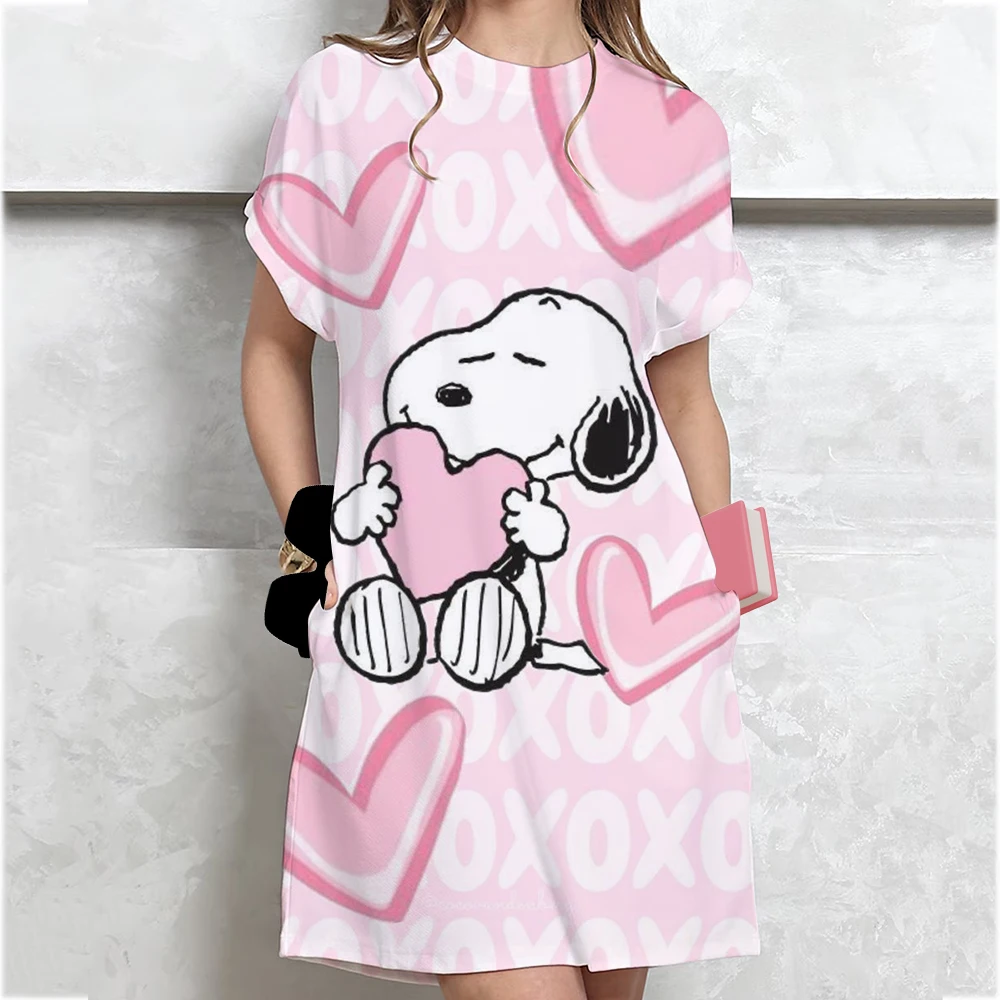 Zomer losse steek print T-shirt jurk dameskleding student middellange jurk met korte mouwen cartoon stijl polyester stof