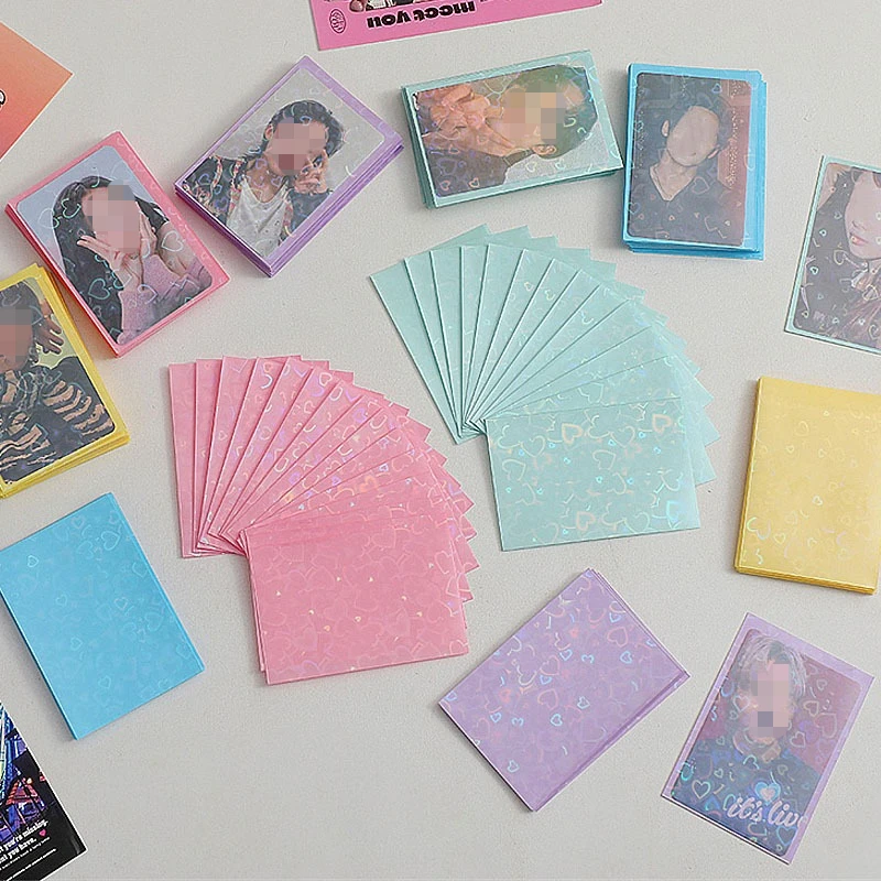 50pcs Aesthetic Pastel Heart Holographic Card Sleeves Waterproof Clear Photocard Protector Bags for Idol Cards Trading Cards