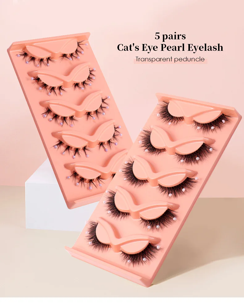 Holloween 5 Pairs False Eyelashes 3D Pearls Decoration Cat Eye Lashes Natural Curly Makeup Eyelash Extension Tool Accessories