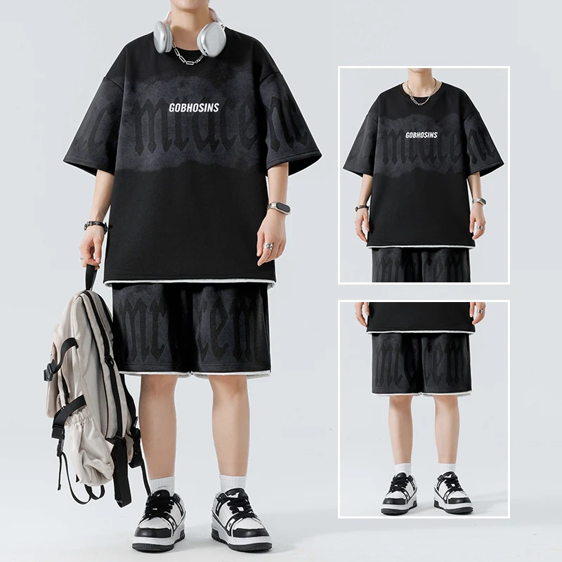 Summer Patchwork Sports Suit Men O Neck Half Sleeve T Shirts Outfit Set T-Shirt and Shorts 2 Piece Sets Ice Silk Tracksuit Men