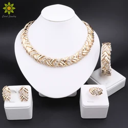 Italian Gold Plated Women Jewelry Set Luxury Design Plant Leaf Necklace Earrings Bracelet Ring Party