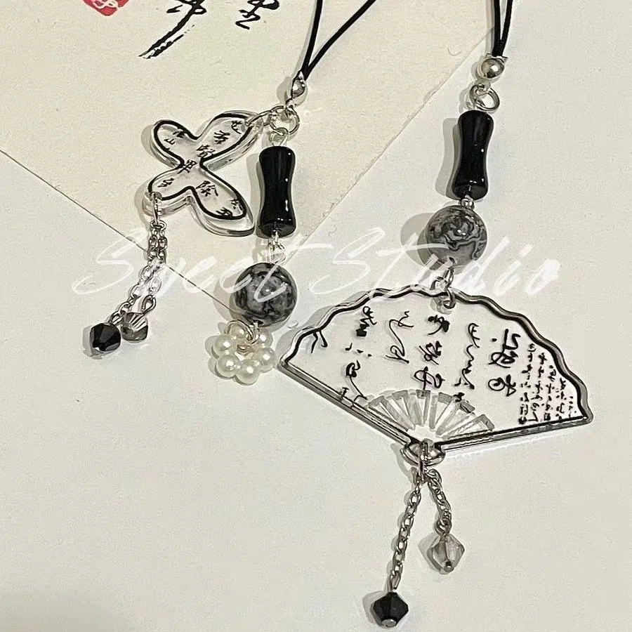 1 Pair Delicate Anti-lost Lanyard Keychain Bag Backpack Decoration Unique Chinese Fan Hangings Pendant CellPhone Charm Accessory