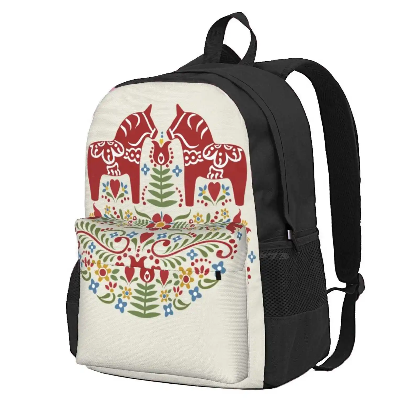 Scandinavian Dala Horse, Swedish Folk Art Hot Sale Schoolbag Backpack Fashion Bags Swedish Dala Horse Tulips Flowers Folk Art