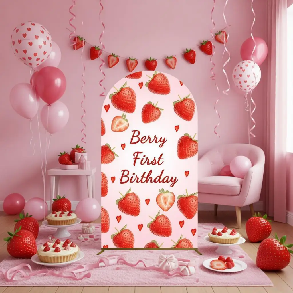 Red Strawberry Theme Birthday Party Decor Arch Cover Backdrop Baby Shower Baby Kids Portrait Custom Elastic Arch Stand Covers