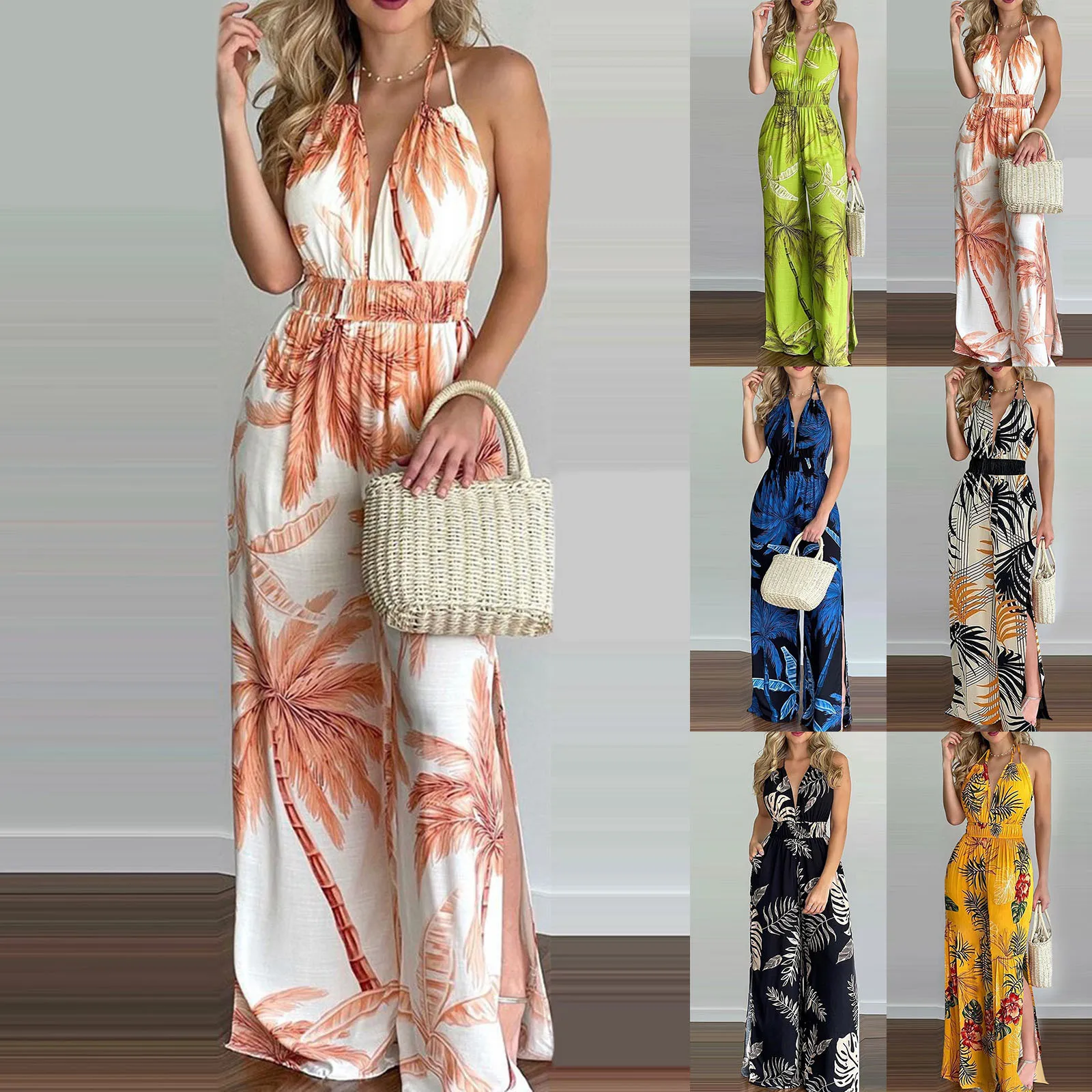 Jumpsuits For Women Backless Print Fashion Leg Jumpsuit Women Floral Slit Women\'S Jumpsuit جمبسوت