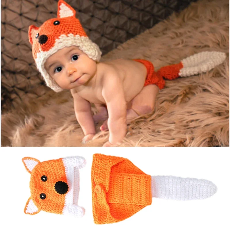 

Newborn Photography Props Baby Fox Clothes Caps With Tails Infant Pictures Costumes Crochet Outfits Animal Photo Accessories