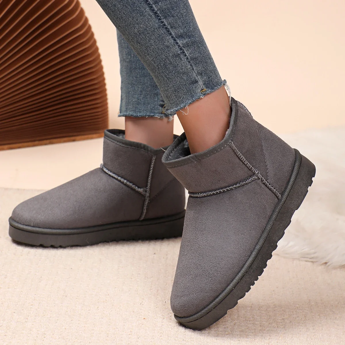 Modische/Sexy Rutschfeste Winterstiefel mit Flachem Schaft, Neue Runde Zehenpartie, Bequeme und Lässige Warme Schneestiefel für Damen – Detail 2
