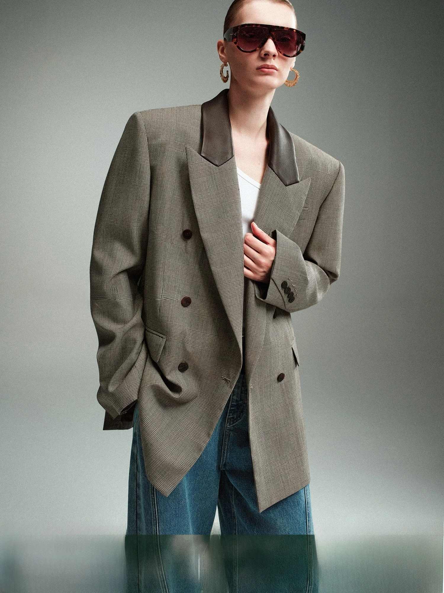 

Mogas High Awaren Women's Wool Blend Wel Plaid Patchwork MU Sle Suit Skirt Pants Set Casual Loose Fit Long Sve