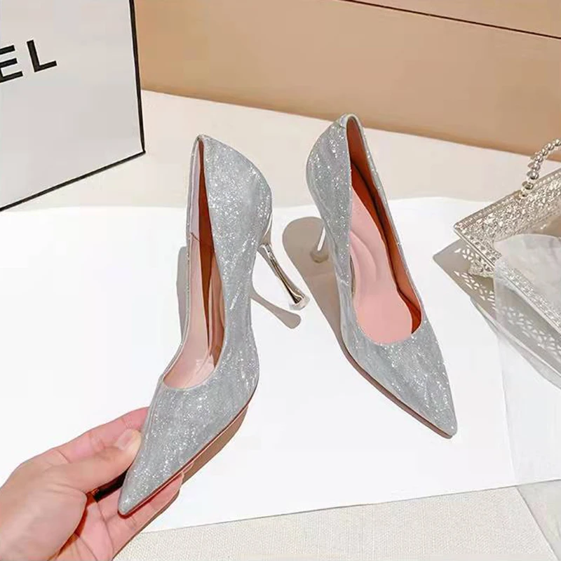 2022 Shiny Shoes Women Sandals Elegant Pointed Toe Slingback Summer Office Lady Shoes Fashion High Heels Gladiator Sandals Woman