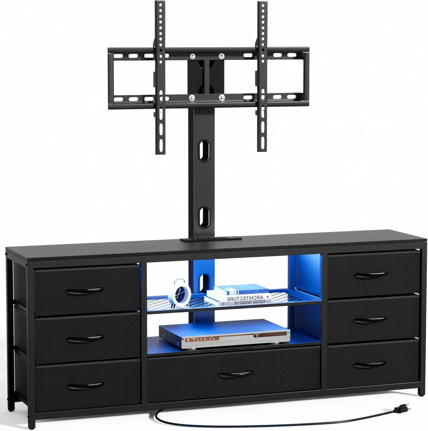 

TV Stand with Mount and 7 Fabric Drawers, Led Entertainment Center Power Outlets for 32 45 55 60 65 70 inch TVs,Black Dresser