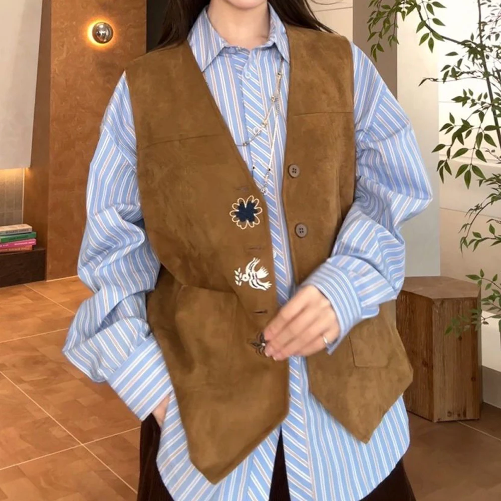 

Модный жилет в стиле ретро, весна-осень 2021, новая мода без рукавов, повседневный универсальный жилет с вышивкой, прилив