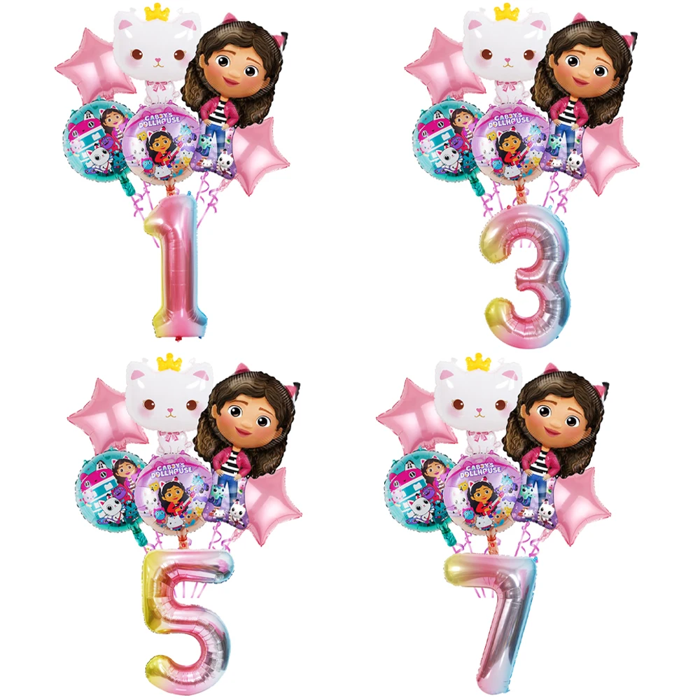7-teiliges Gabby Dollhouse Ballon-Set Aluminiumfolie Zahlenballon Gabby Ballon Geburtstagsparty Dekoration Babyparty Kinder Mädchen Spielzeug Globos