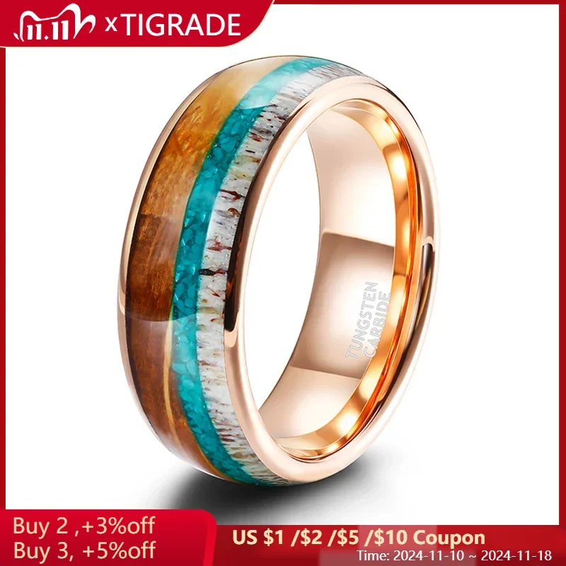 

TIGRAGE 8mm Tungsten Wedding Rings For Men Malachite/Wood Inlay Gold Tungsten Carbide Ring Engagement Band Beveled Edges bague