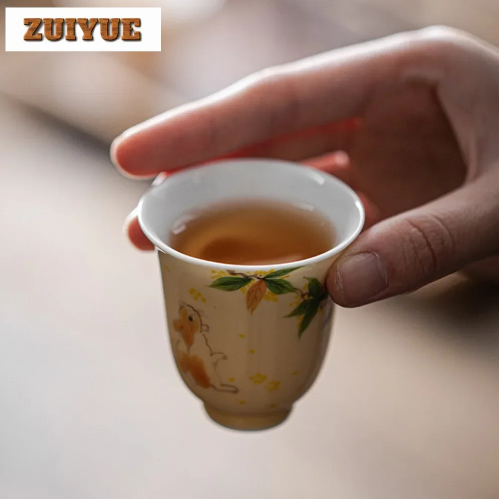 2pc/set Pure Hand-painted Osmanthus Tea Cup Small Rabbit Ceramic Master Cup Smelling Meditation Cup Kung Fu Teaset Drinking 50ml