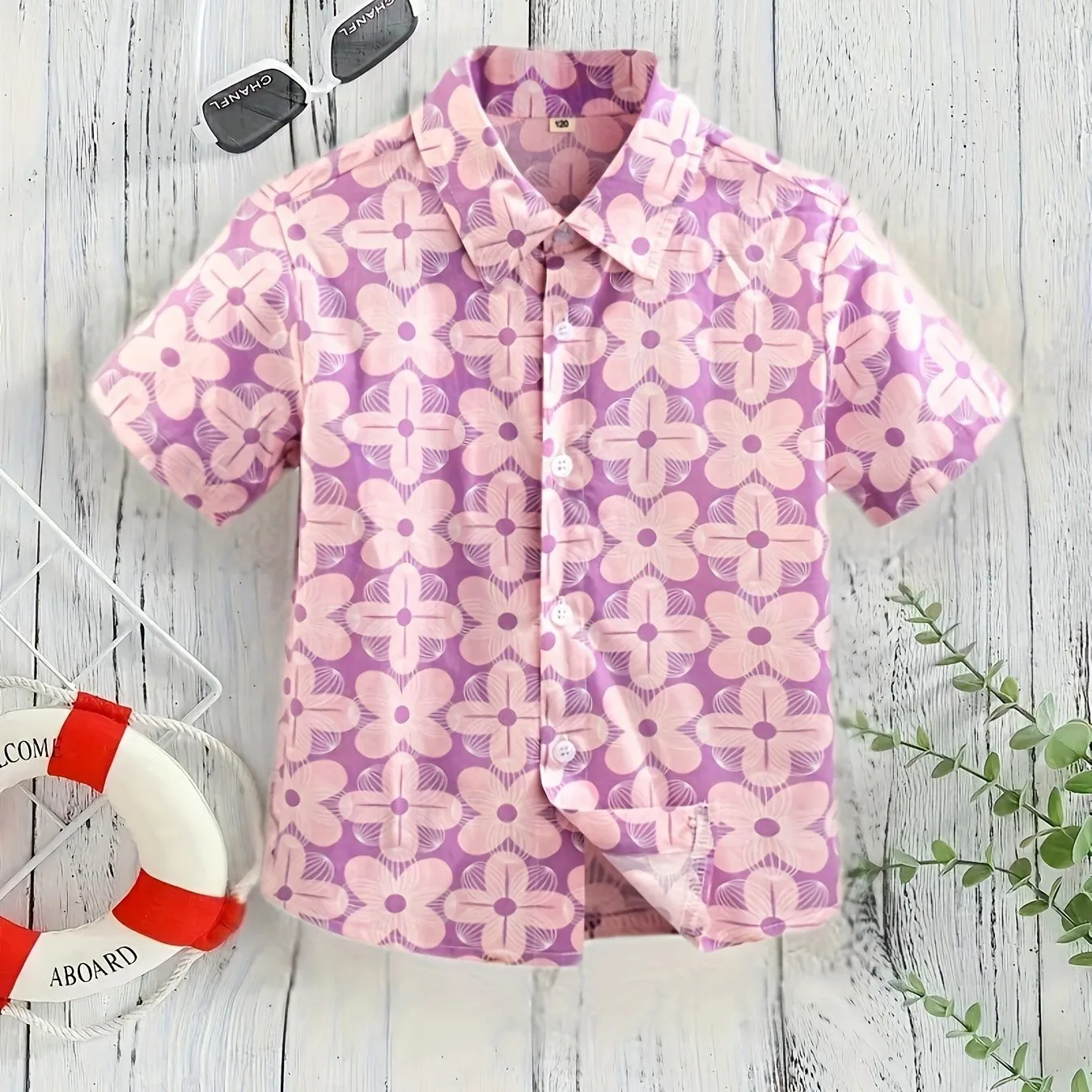 Camisetas estampadas com folhas de flores para crianças, blusa de manga curta, camisas de colarinho casual para crianças, tops criativos elegantes para meninos