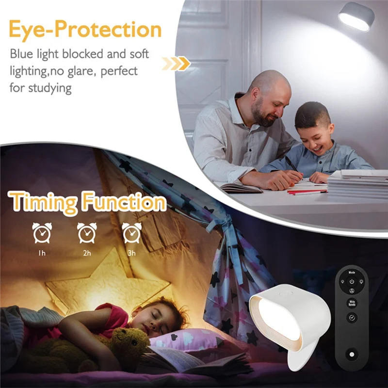 AF90-LED مصباح حائط قابل لإعادة الشحن 360 °   مصباح قابل للدوران 5 مستويات سطوع RGB ضوء ليلي يعمل باللمس وجهاز التحكم عن بعد