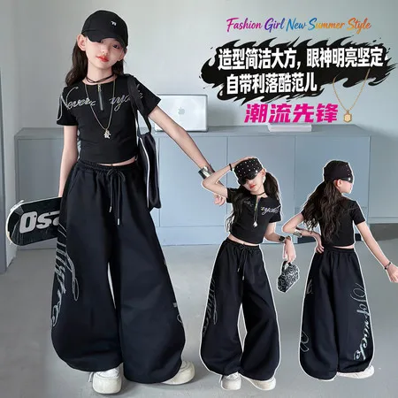 4 6-14Y Childrens Black Cool sportwear Outfits suit Summer T-shirt+Pants 2PCS Teenage Girls Jazz Streetwear Dance Clothes Set