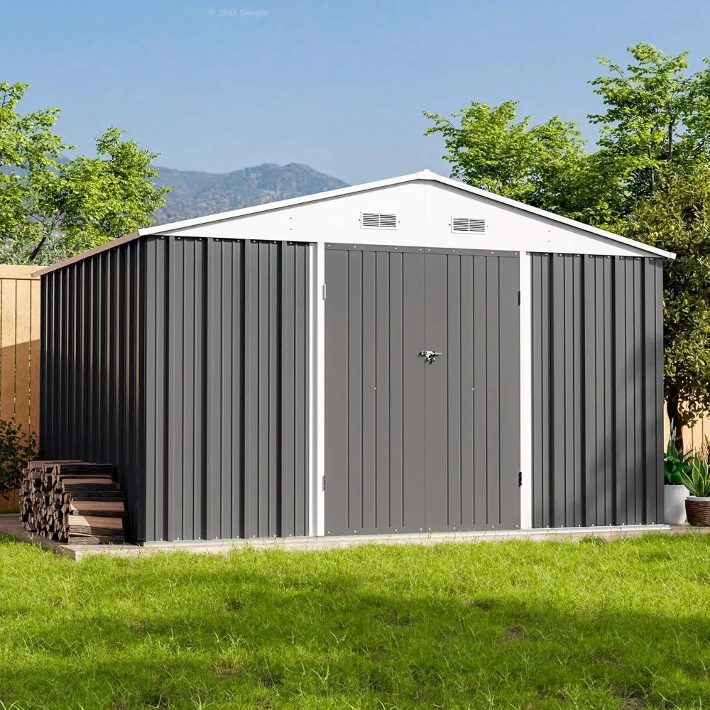 10 X 8 Feet Outdoor Storage Shed, Large Garden Tool Metal Shed with Sloping Roof and Double Locking Doors, Outdoor Shed