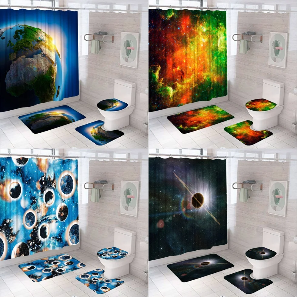 

Outer Space Decor Shower Curtain Set Galaxy Colorful Starry Sky Planet Earth Bathroom Curtain Non-Slip Bath Mat Rug Toilet Cover