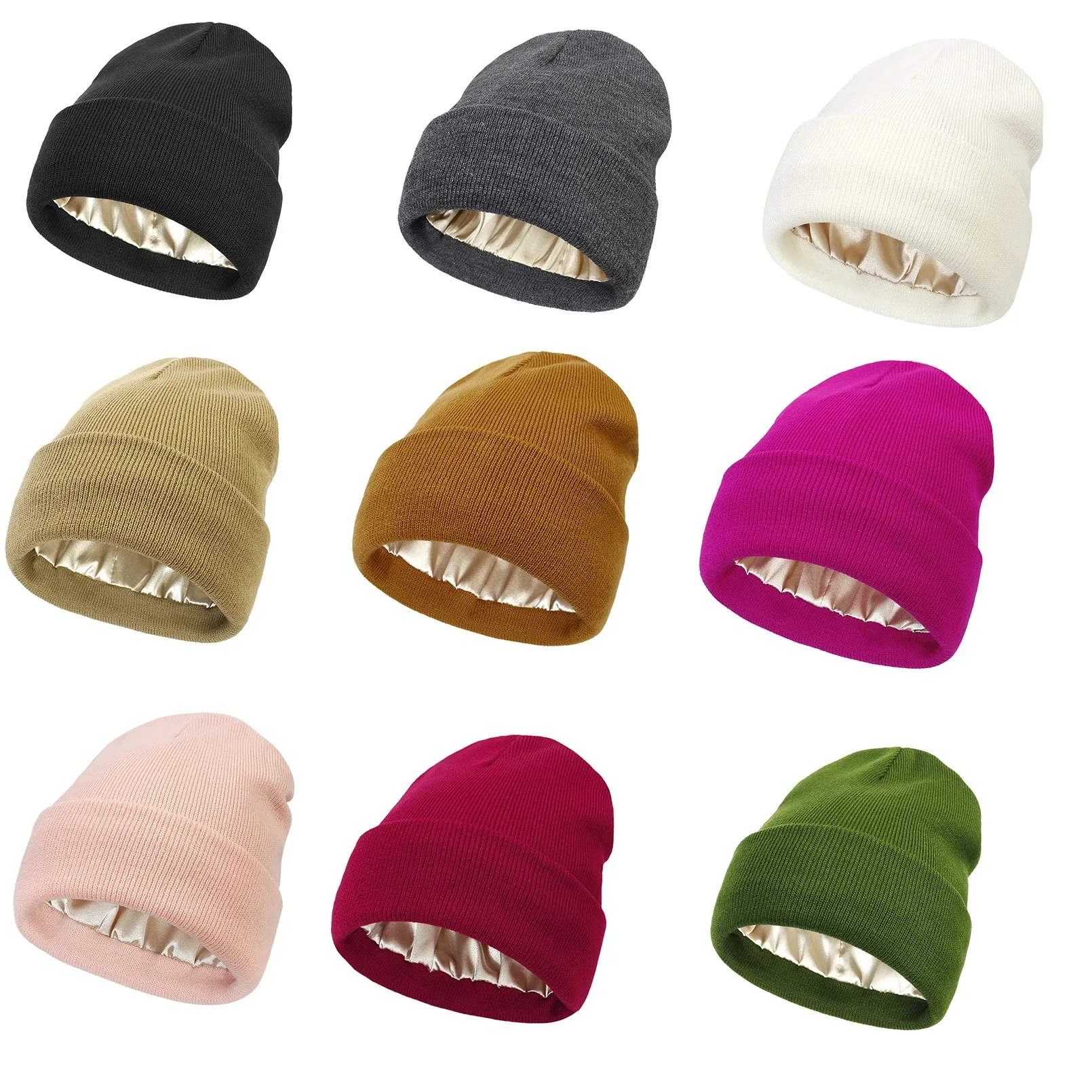 Unisex Satin Lined Anti Static Beanie Hat For Women Winter Silk Lining Slouchy Warm Cuffed Skullies 2Layer Hair Cover Sleep Cap