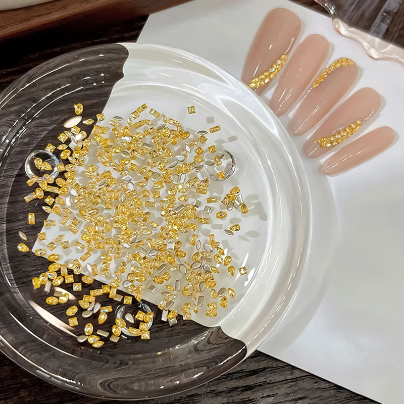 50pcs Golden Yellow Shiny Zircon Rhinestones Nail Charms Mini Rhombic Nails Gemstones Flatback Nail Art Craft Diamonds Decor