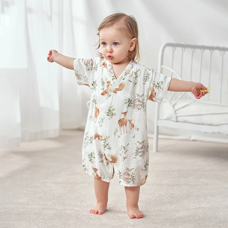 

Детский муслиновый комбинезон-кимоно OUYUN из бамбукового хлопка, с коротким рукавом, дышащий, для новорожденных и младенцев 0-24 месяца, размеры 59-90