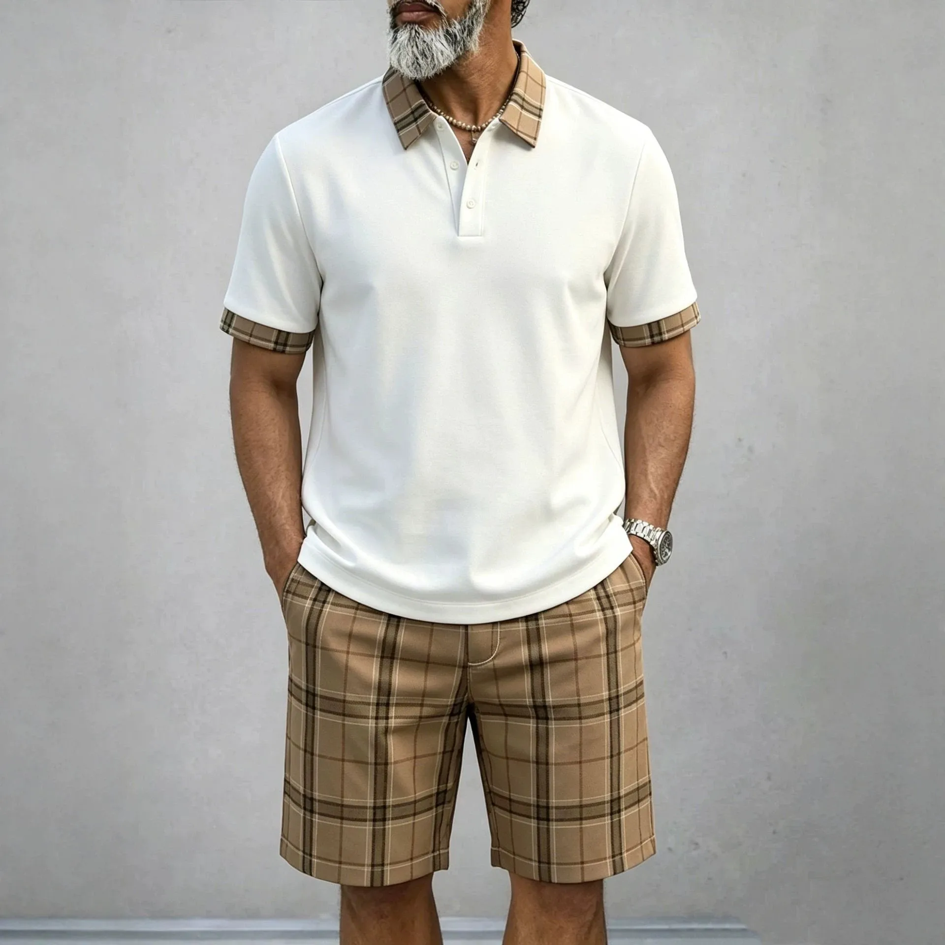 

Fashion Men Plaid Lapel Polo Shirt Shorts Set Breathable Short Sleeve 2 Piece Outfit Casual Sport Tracksuit Summer Daily Wear