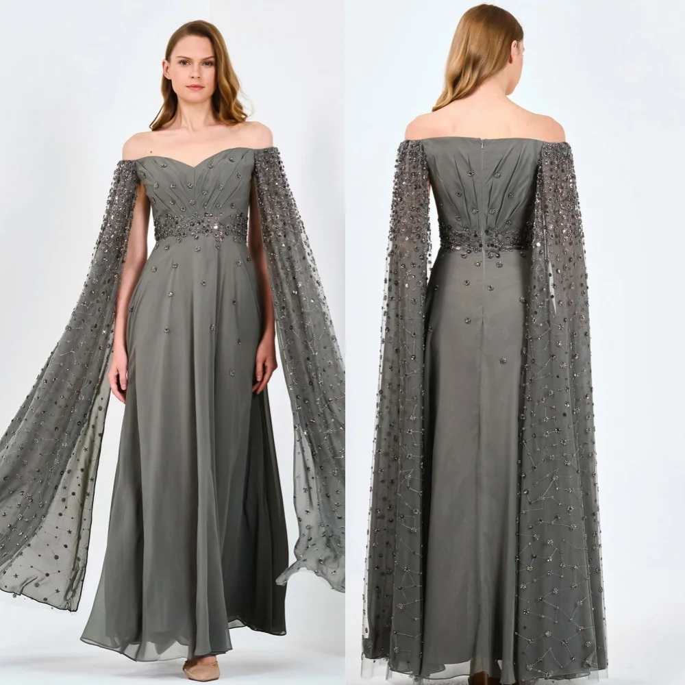 

Sparkle Exquisite High Quality Chiffon Draped Pleat Beading Cocktail Party A-line Off-the-shoulder Bespoke Occasion Gown