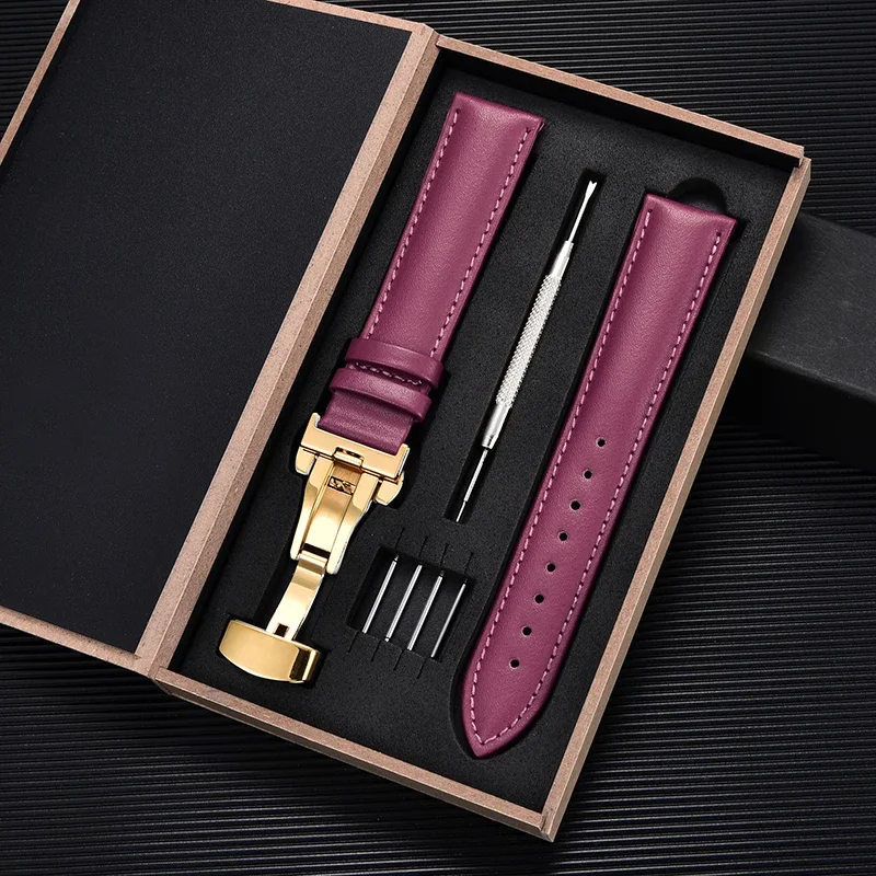 Soft Wrist Belt Bracelet Comfortable Genuine Leather Watch Strap 16/18/20/22/24mm Box Watch Band with Automatic Butterfly Clasp